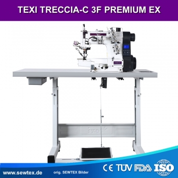 TEXI TRECCIA-C 3F - Automatische 3-Nadel-Zylinderbett-Interlock-/Coverstitch-Maschine (Deckenstich) f�r leichte und mittlere Stoffe - Set mit Tisch
