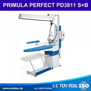 Industrie-Bügeltisch PRIMULA PERFECT PD3811 S+B mit 42 × 110 cm Fläche, 0,74 kW Saug-/Blasleistung